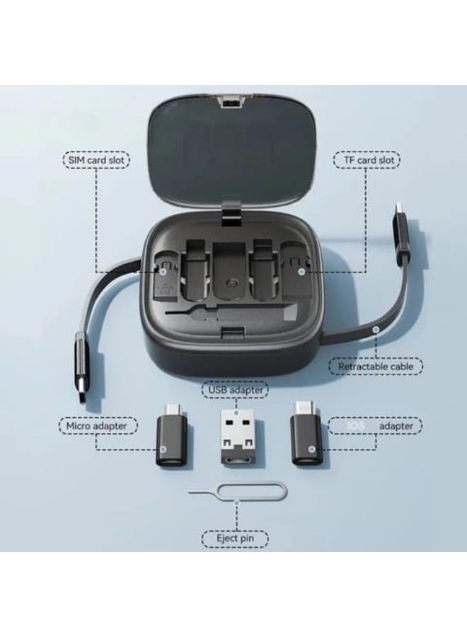 مجموعة محولات USB متعددة الوظائف 6 في 1 مع كابل شحن سريع من النوع C بقوة 60 واط - علبة تخزين محمولة مزودة بدبوس إخراج شريحة SIM وفتحات للبطاقات وحامل هاتف مدمج - حل شحن عالمي للسفر لأجهزة iPhone وSamsung وMacBook وAndroid - Image 3